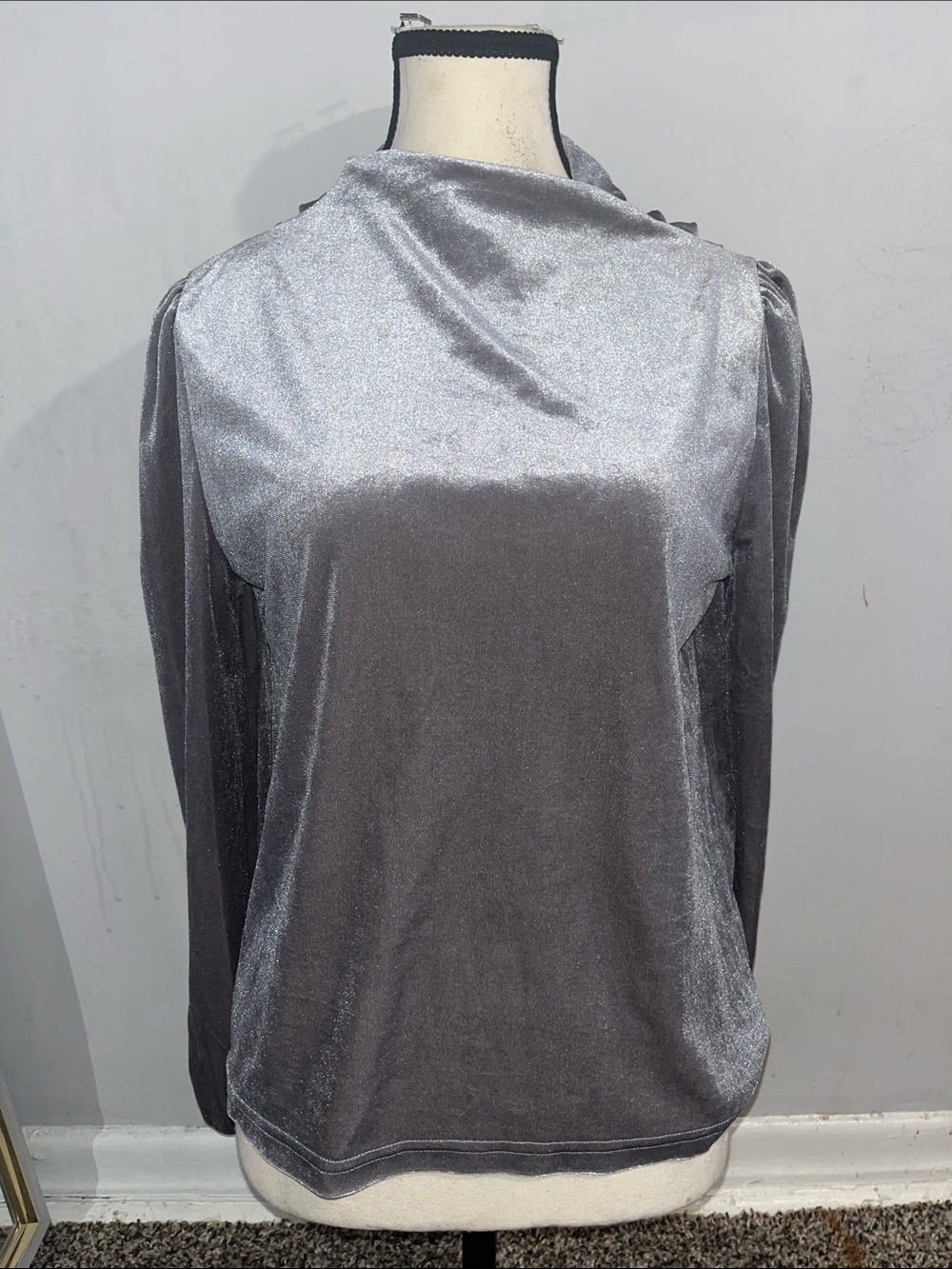Women's Silver Velvet Long-Sleeve Top